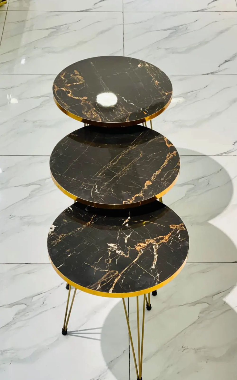 Set of 3 Tables Round Wood Sofa Side Coffee Tables for Small Spaces, Bedside Table with Metal Legs for Bedroom, Living Room, Office, Balcony